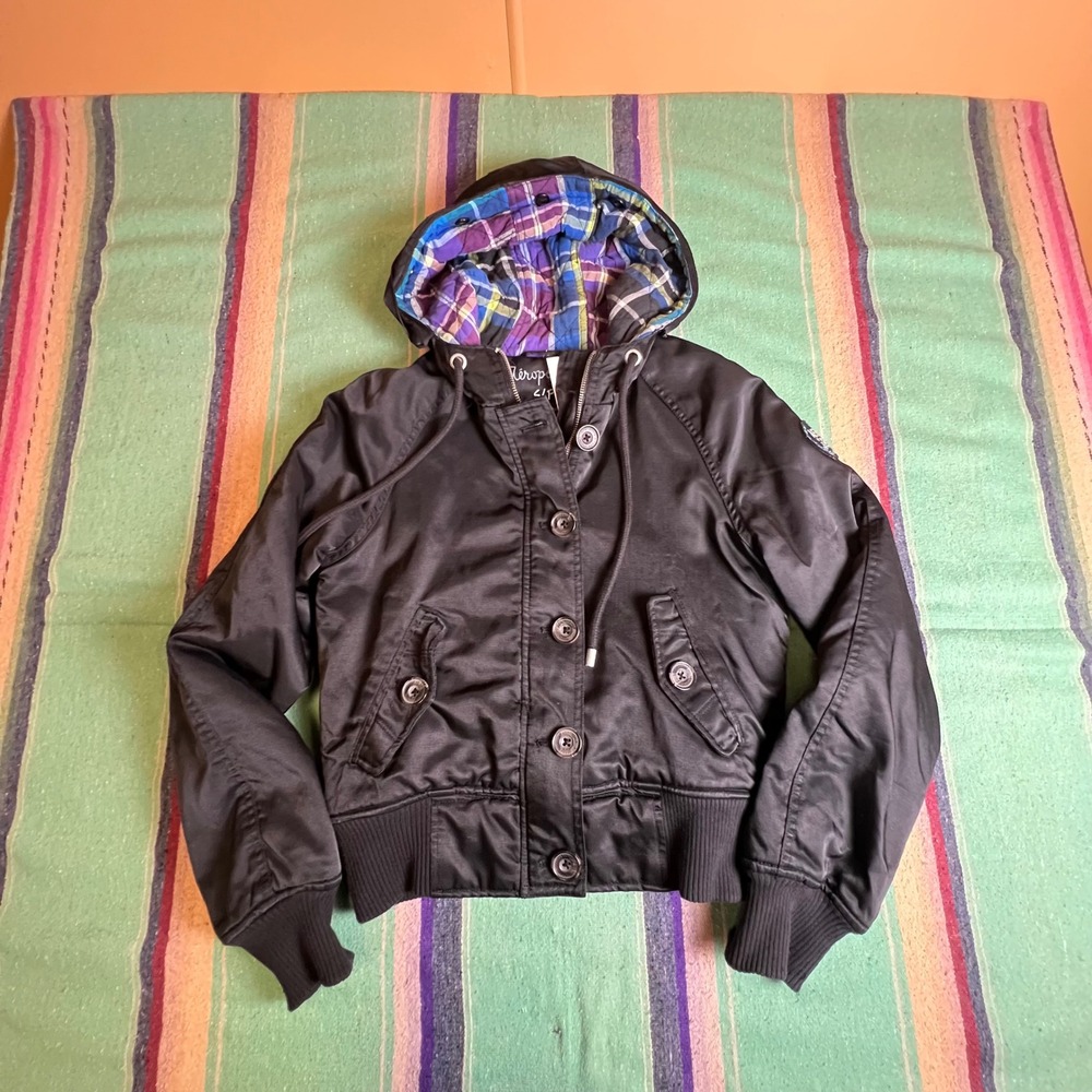 Y2k Aeropostale Bomber Jacket Women Small Black Hooded Plaid Lined Utility Coat